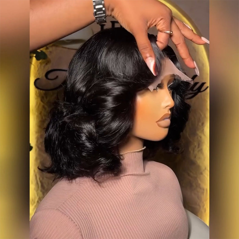 300 Density Pull To Go Romantic Wave Human Hair Bob Wig 5x5/13x4 Loose Body Wave Lace Frontal Wig In Natural Black