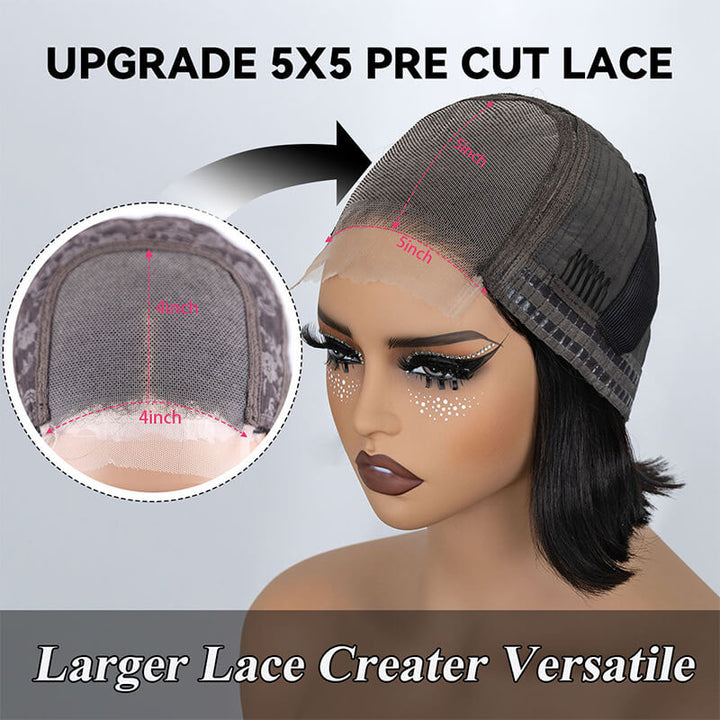 RhisoHair 300% Density Kinky Straight Short Bob Wig 13x6 HD Transparent Lace Frontal / 5x5 Glueless Brazilian Virgin Human Hair Wig