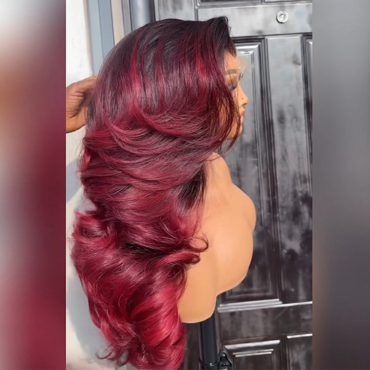 Dark Root 99J Burgundy Ombre Body Wave Human Hair Wig 6x6 13x6 Transparent Lace Frontal Wig 300% Density