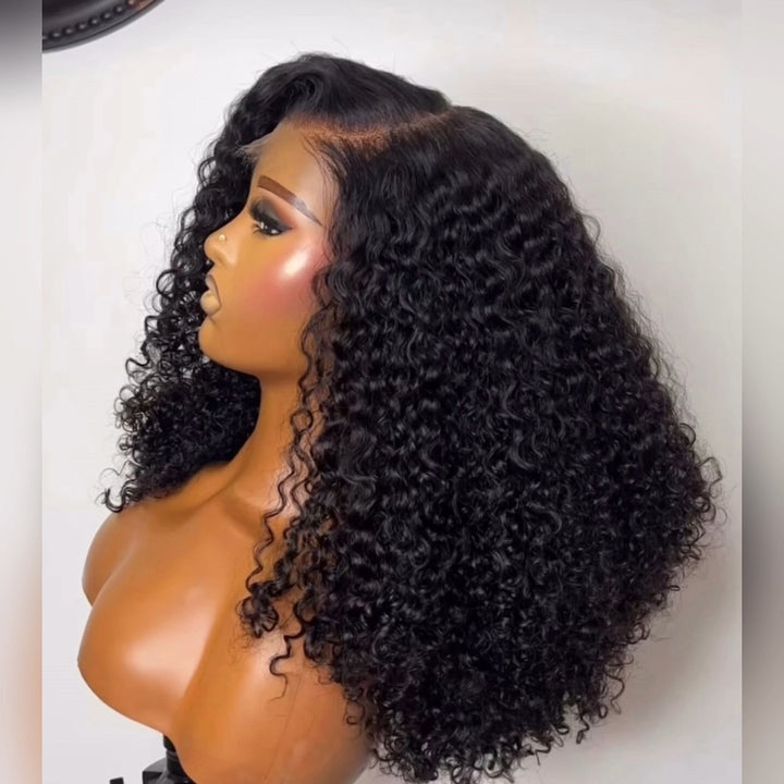 Natural Black/Dark Brown Deep Curly Human Hair Wig with C-Part 6x6/13x6 Transparent Lace Frontal Wig 300% Density