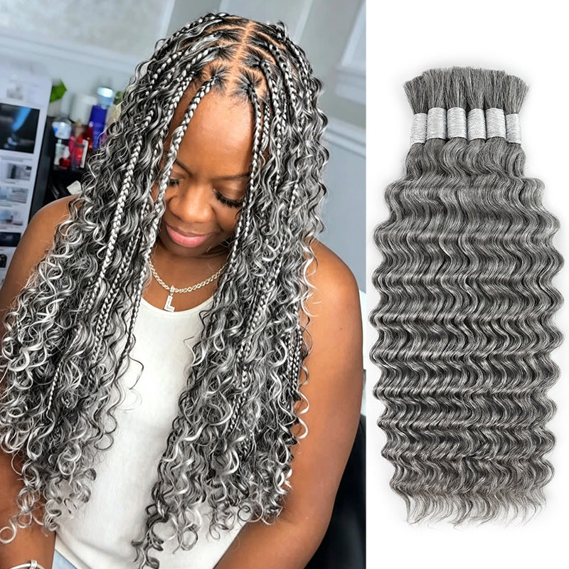 New In Gray Salt & Pepper Color Deep Wave Bulk Human Hair for Boho Braids-RhisoHair