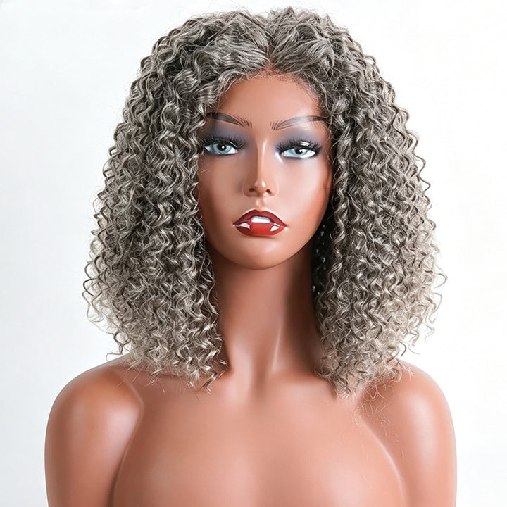 Standard Salt & Pepper Deep Curly Bob Wig 5x5 Glueless Gray Color Lace Closure Human Hair Wigs For Mature Women