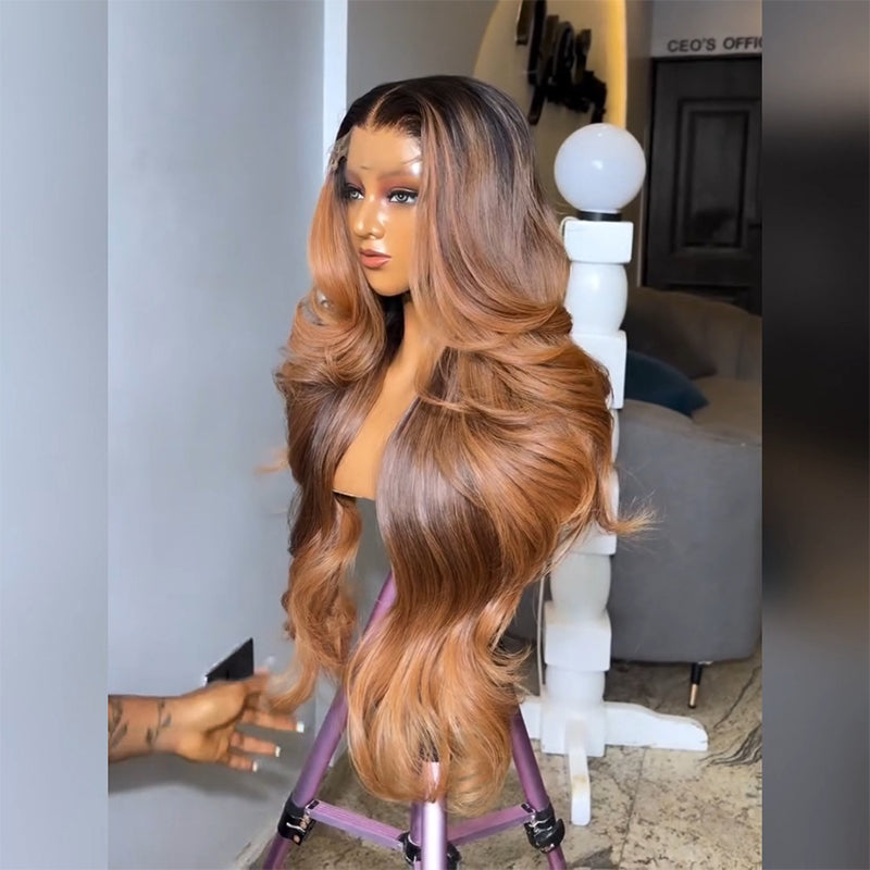 Dark Root Ombre Highlight Body Wave Human Hair Wig 6x6/13x6 Transparent Lace Frontal Wig 300% Density