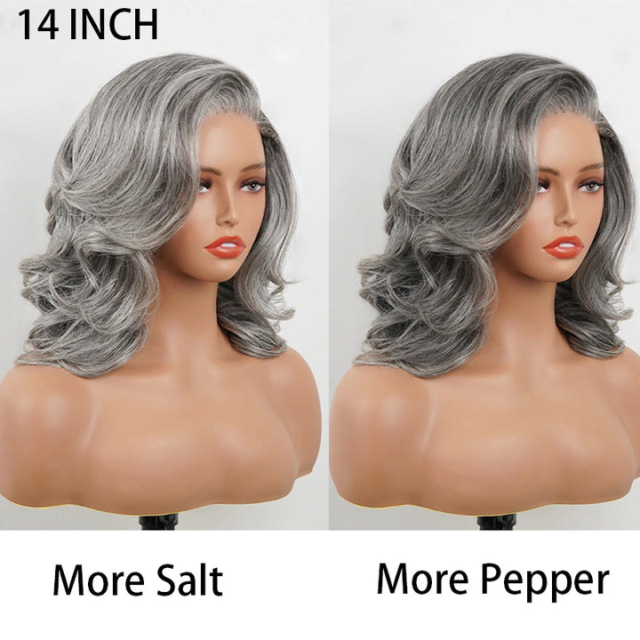 5x5 Closure Layered Blowout Wave Salt & Pepper Human Hair Wig Natural Gray Pre-Cut Glueless Bob Wig