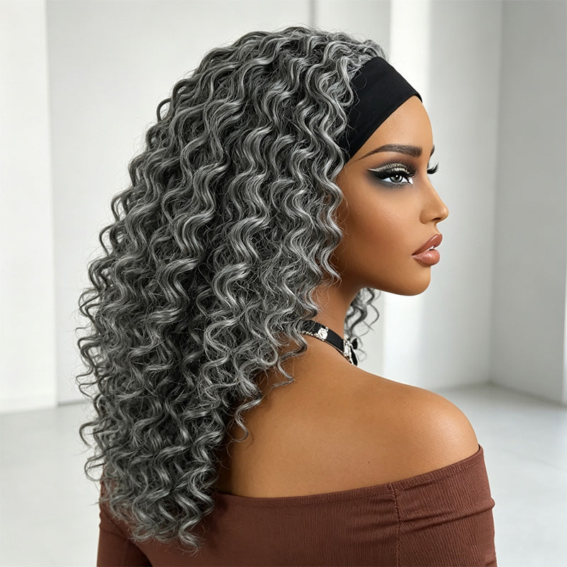 Dark Salt & Pepper Deep Wave Headband Human Hair Wig Silver Gray Glueless Wigs For Women