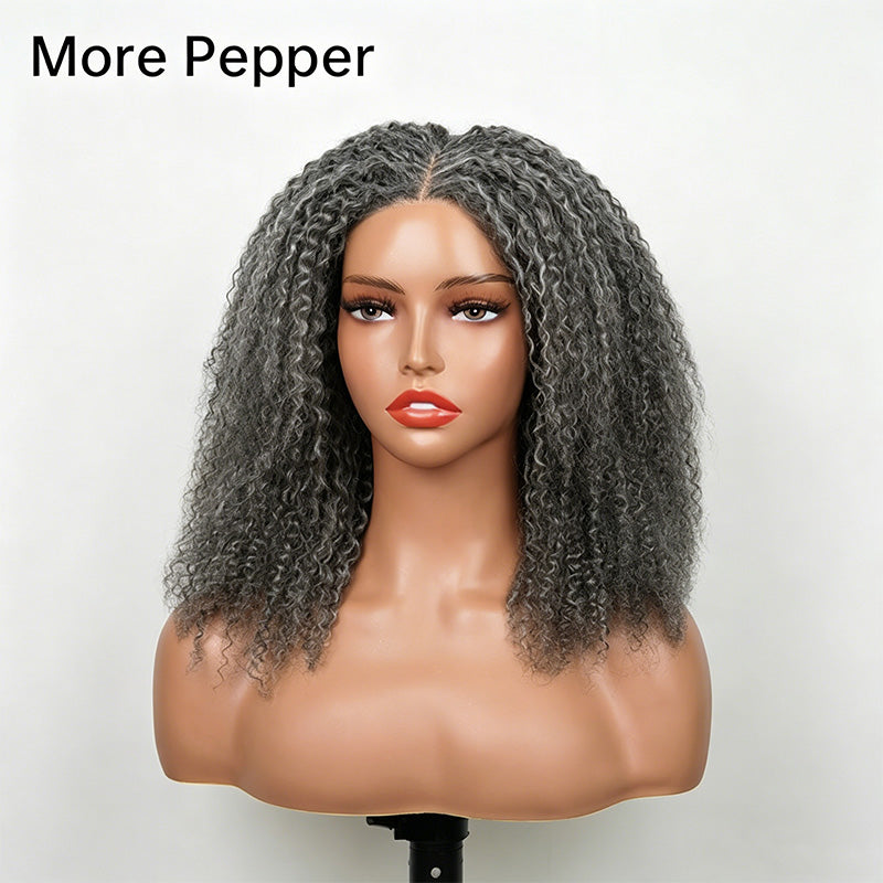 5x5 Closure Burmese Curly Salt & Pepper Free Parting Glueless Human Hair Wig Gray Color Pre-Cut Lace Bob Wig
