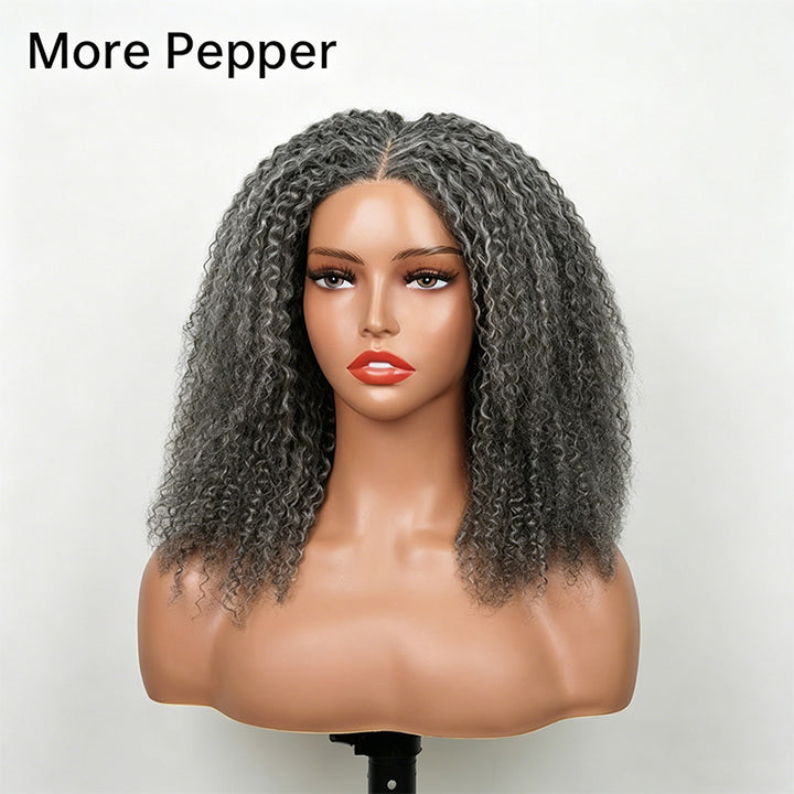 5x5 Closure Burmese Curly Salt & Pepper Free Parting Glueless Human Hair Wig Gray Color Pre-Cut Lace Bob Wig