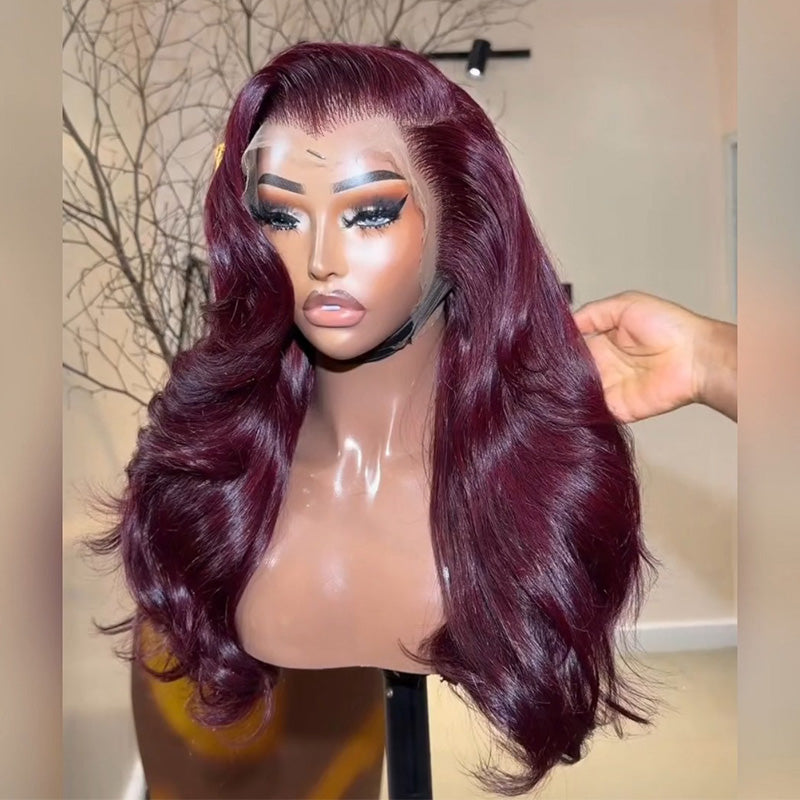 #99J Wine Red Body Wave Human Hair Wig 6x6/13x6 Transparent Lace Frontal Wig 300% Density