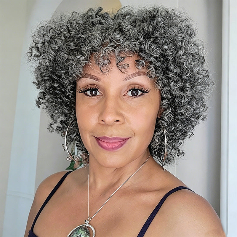 Salt And Pepper Ringlet Curls Glueless Human Hair Wig With Bangs