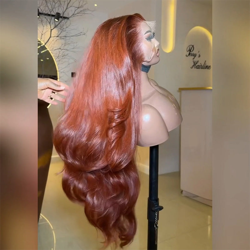 300% Density Ginger Auburn Body Wave Human Hair Wig 6x6 13x6 Transparent Lace Frontal Wig