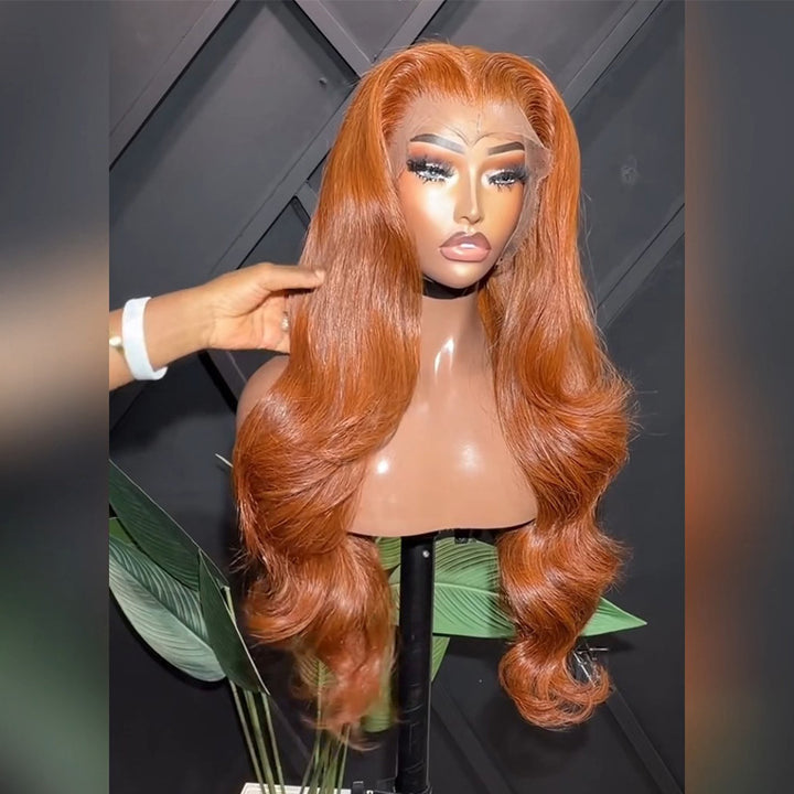 300% Density Ginger Orange Body Wave Human Hair Wig 6x6 13x6 Transparent Lace Frontal Wig