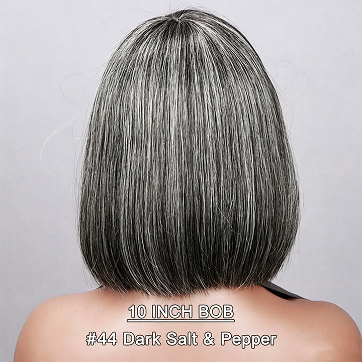 Salt & Pepper Straight Human Hair Bob Wig With Bangs 5x5 Glueless Lace Closure Wig For Black Women