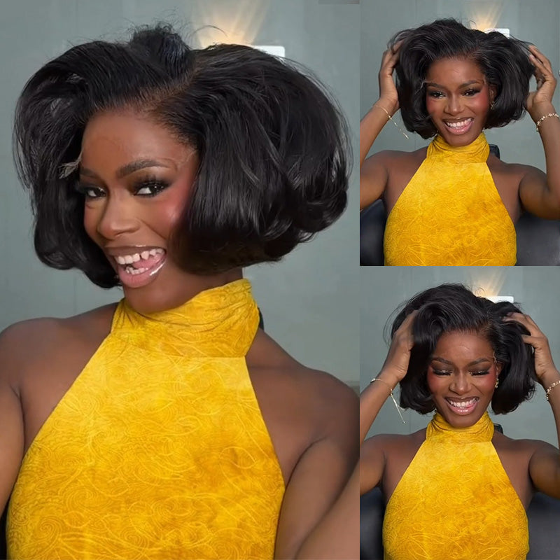 8 Inch Side Part Blowout Layered Wavy Bob Wig 6x6 Glueless Lace Closure Human Hair Wig 300% Density