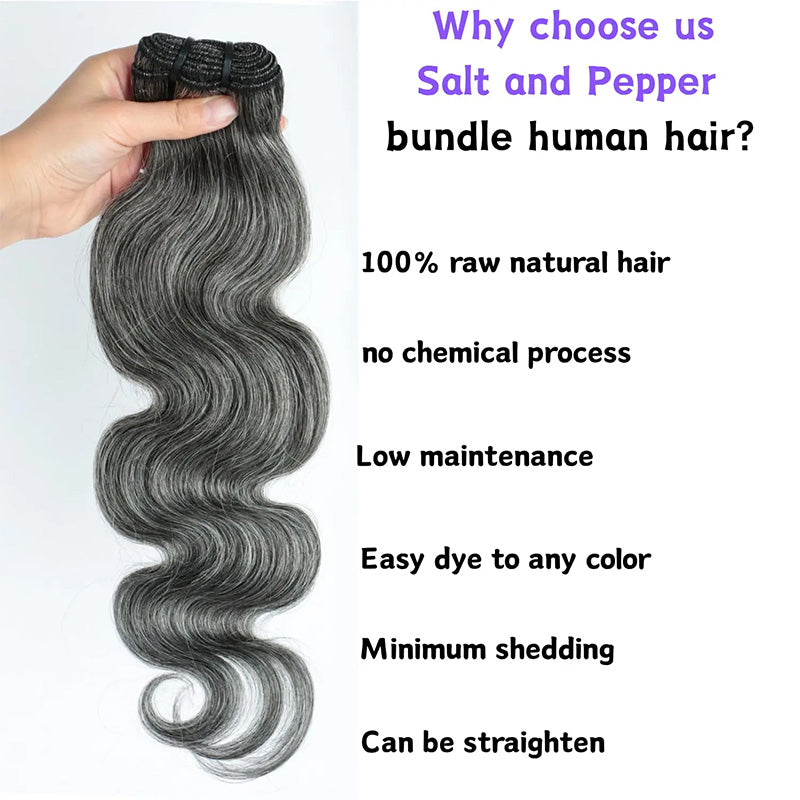 New In Dark Salt & Pepper Body Wave Human Hair Bundles 100% Brazilian Virgin Remy Hair Extensions