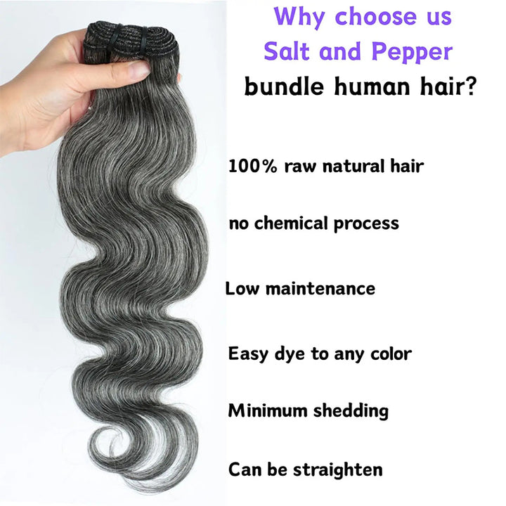 New In Dark Salt & Pepper Body Wave Human Hair Bundles 100% Brazilian Virgin Remy Hair Extensions