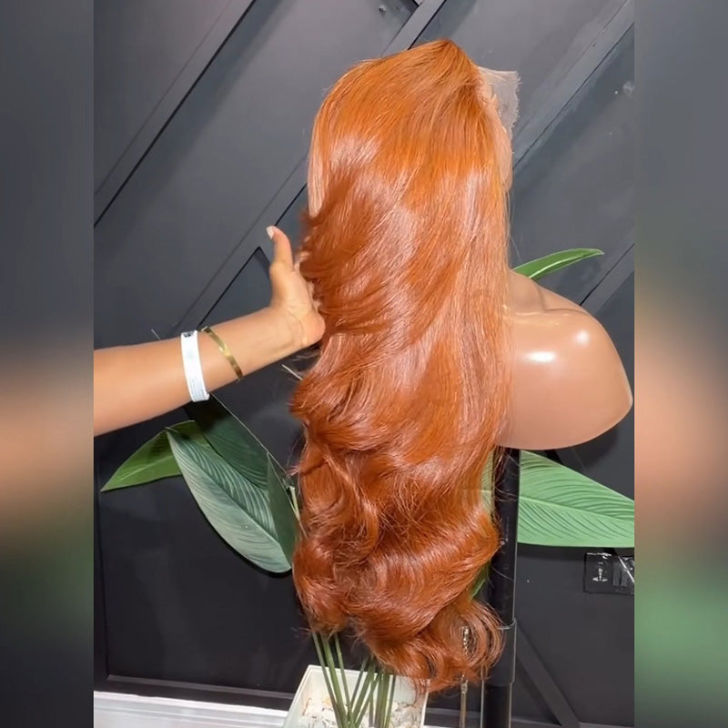 300% Density Ginger Orange Body Wave Human Hair Wig 6x6 13x6 Transparent Lace Frontal Wig