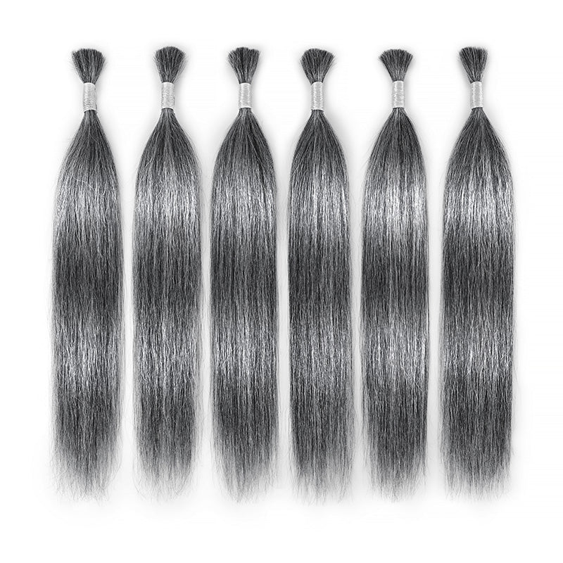 RHISO New In Deep Salt & Pepper Gray Straight Bulk Human Hair for Boho Braids 100% Human Hair