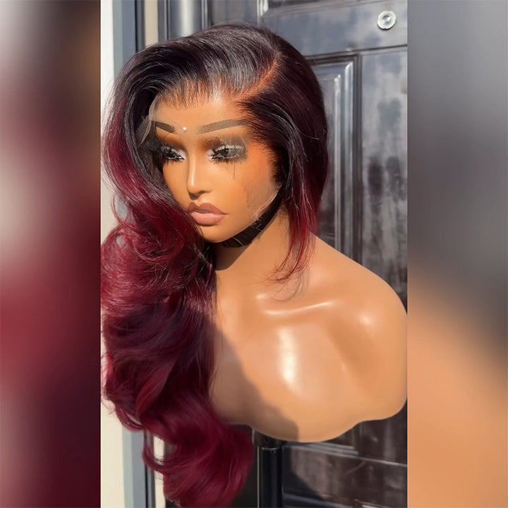 Dark Root 99J Burgundy Ombre Body Wave Human Hair Wig 6x6 13x6 Transparent Lace Frontal Wig 300% Density
