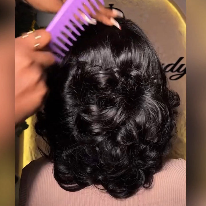 300 Density Pull To Go Romantic Wave Human Hair Bob Wig 5x5/13x4 Loose Body Wave Lace Frontal Wig In Natural Black