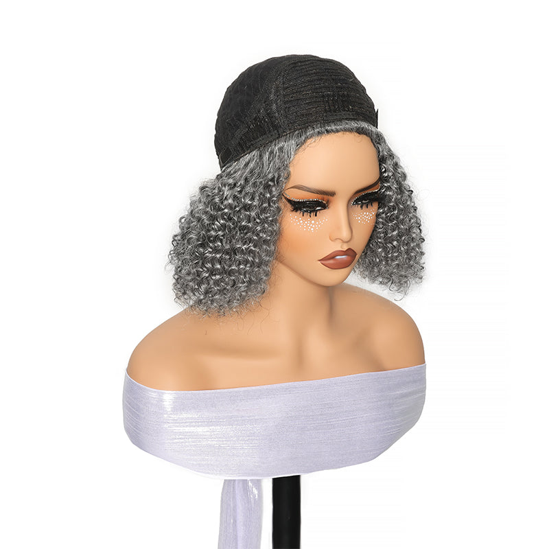 Salt & Pepper Jerry Curly 3 In 1 Flip Over Half Wig Natural Grey Wear And Go Glueless 100% Human Hair Wig With Drawstring