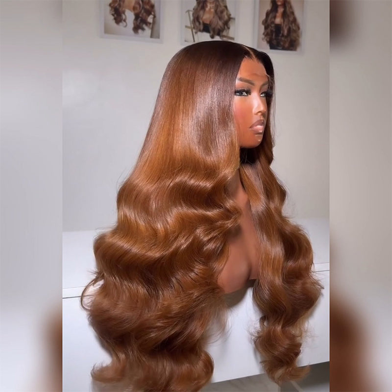 T4/30 Dark Root Ombre Caramel Brown Body Wave Human Hair Wig 6x6/13x6 Transparent Lace Frontal Wig 300% Density