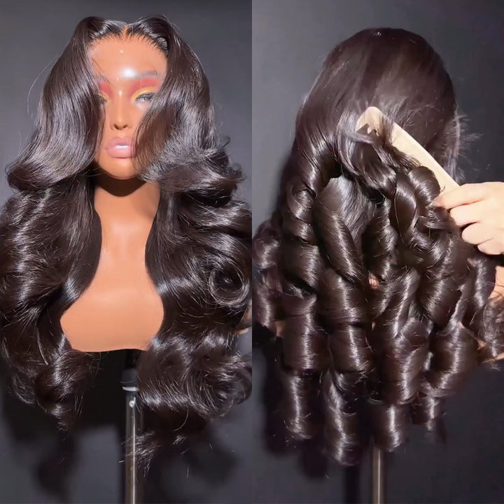 Natural Black Spring Bouncy Curl Human Hair Wig 6x6/13x6 Transparent Lace Frontal Wig 300% Density