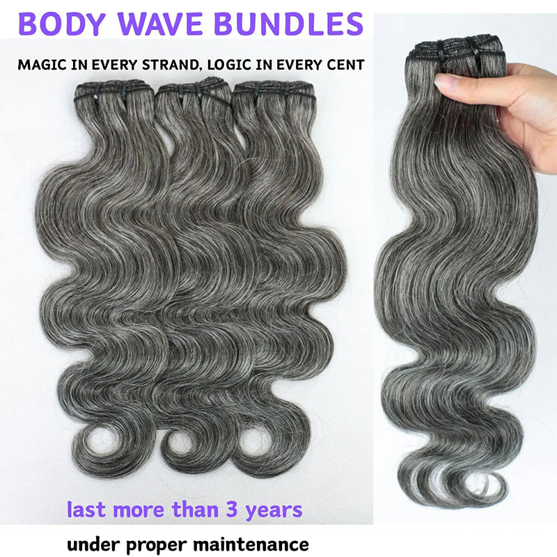 New In Dark Salt & Pepper Body Wave Human Hair Bundles 100% Brazilian Virgin Remy Hair Extensions