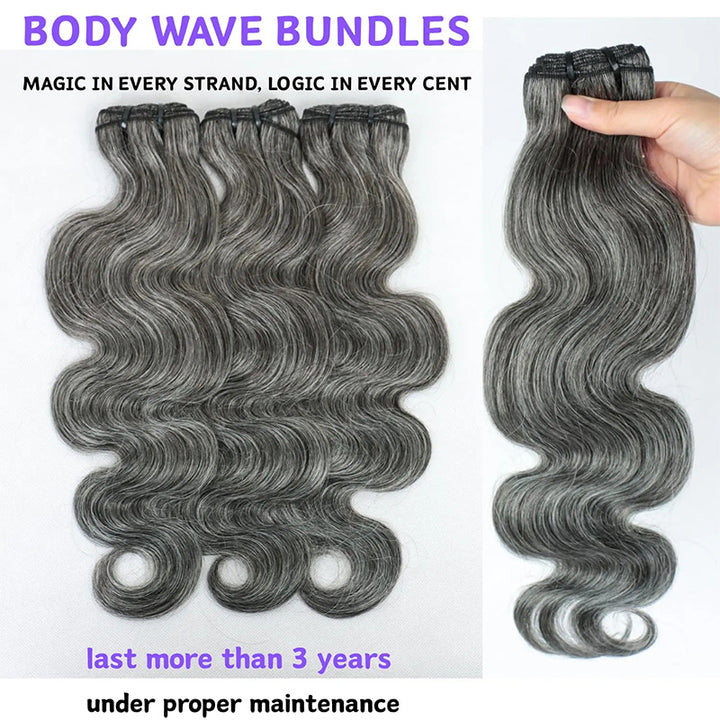 New In Dark Salt & Pepper Body Wave Human Hair Bundles 100% Brazilian Virgin Remy Hair Extensions