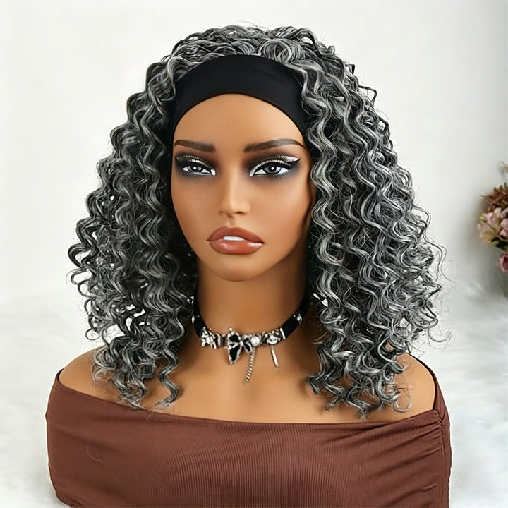 Dark Salt & Pepper Deep Wave Headband Human Hair Wig Silver Gray Glueless Wigs For Women