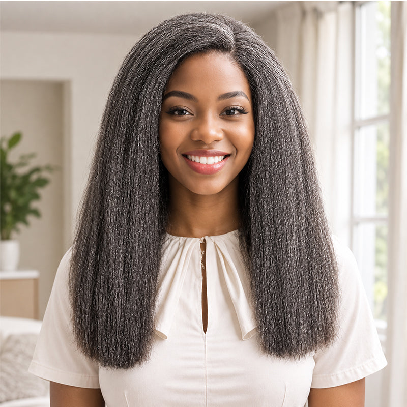 5x5 Closure Kinky Straight Salt & Pepper Free Parting Glueless Human Hair Wig Gray Color Pre-Cut Lace Bob Wig