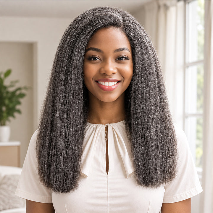 5x5 Closure Kinky Straight Salt & Pepper Free Parting Glueless Human Hair Wig Gray Color Pre-Cut Lace Bob Wig