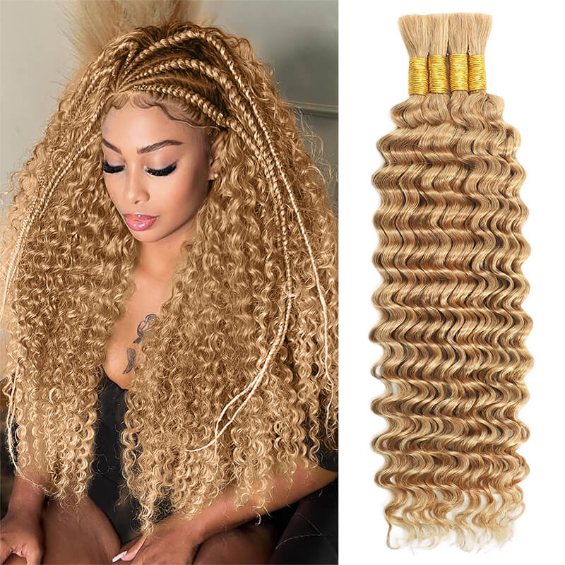 24H Fast Shipping| 18Inch #27 Honey Blonde Deep Wave Bulk Human Hair Extensions for Knotless Boho Braids (4 Bundles/Pack 100g)