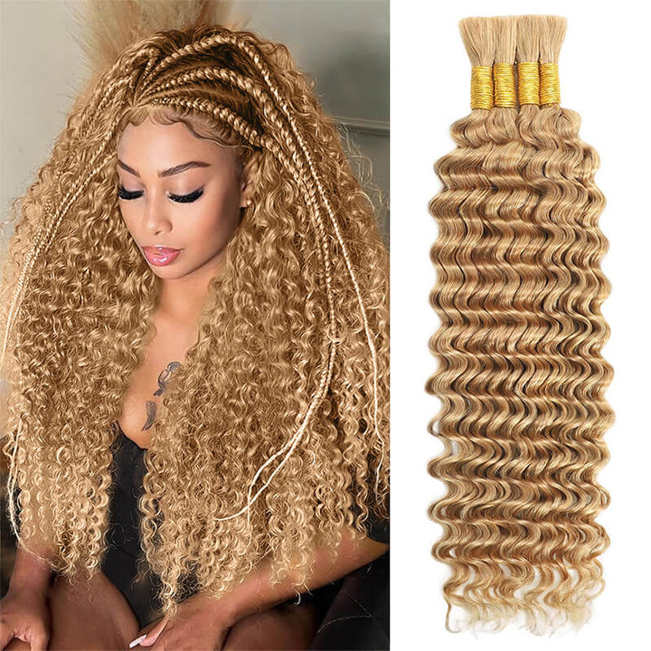24H Fast Shipping| 18Inch #27 Honey Blonde Deep Wave Bulk Human Hair Extensions for Knotless Boho Braids (4 Bundles/Pack 100g)