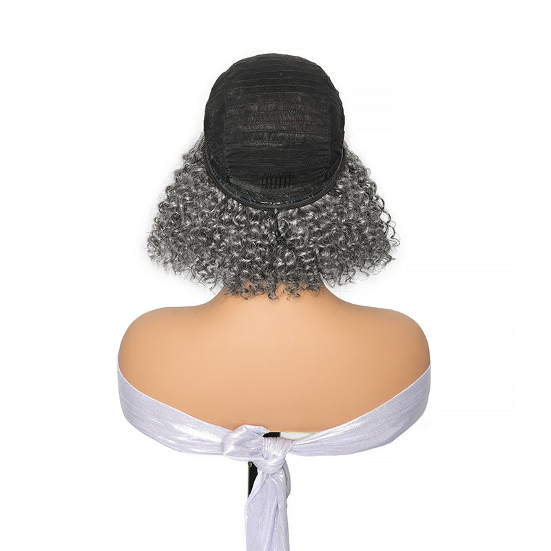 Salt & Pepper Jerry Curly 3 In 1 Flip Over Half Wig Natural Grey Wear And Go Glueless 100% Human Hair Wig With Drawstring