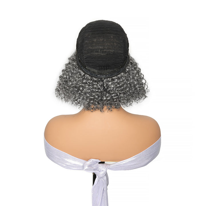 Salt & Pepper Jerry Curly 3 In 1 Flip Over Half Wig Natural Grey Wear And Go Glueless 100% Human Hair Wig With Drawstring