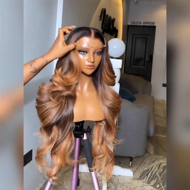 Dark Root Ombre Highlight Body Wave Human Hair Wig 6x6/13x6 Transparent Lace Frontal Wig 300% Density