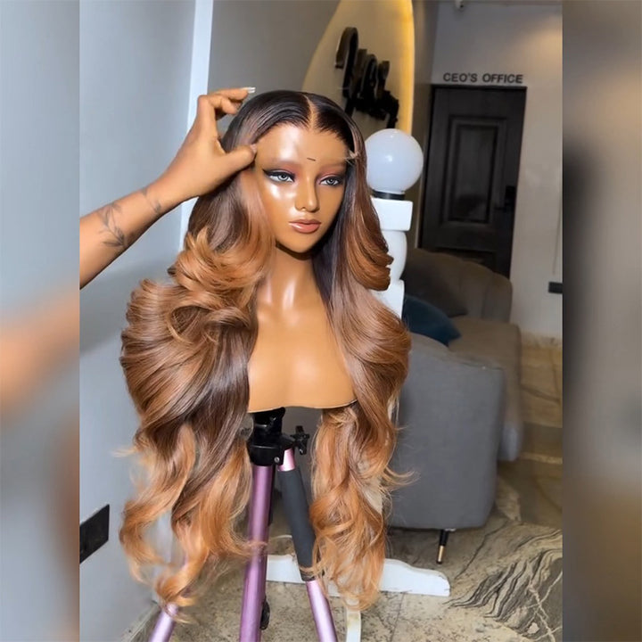 Dark Root Ombre Highlight Body Wave Human Hair Wig 6x6/13x6 Transparent Lace Frontal Wig 300% Density