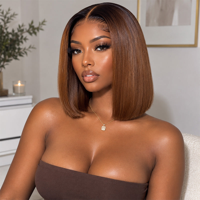 Dark Root T4/30 Ombre Caramel Brown Straight Human Hair Bob Wig 5x5/13x4 Glueless Lace Frontal Wig 200 Density