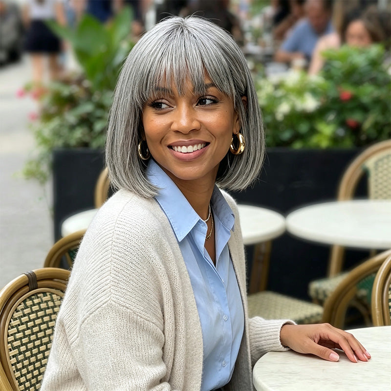 Salt & Pepper Straight Human Hair Bob Wig With Bangs 5x5 Glueless Lace Closure Wig For Black Women