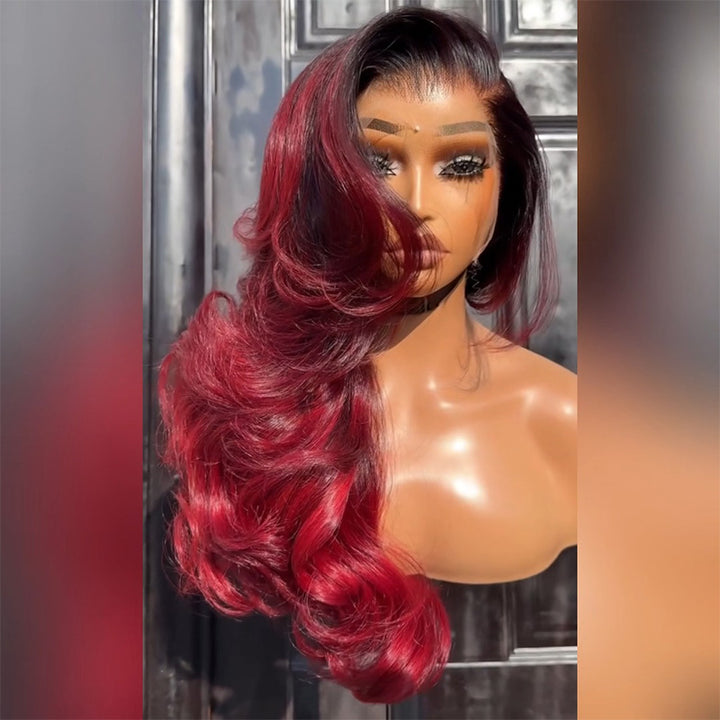 Dark Root 99J Burgundy Ombre Body Wave Human Hair Wig 6x6 13x6 Transparent Lace Frontal Wig 300% Density