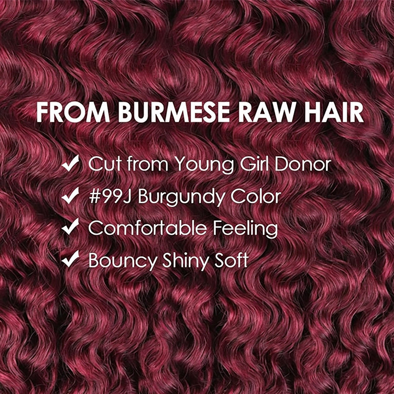 99J Burgundy Burmese Curly Crochet Human Hair for Boho Braids Invisible Miracle Knots Style