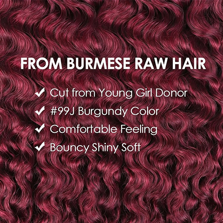 99J Burgundy Burmese Curly Crochet Human Hair for Boho Braids Invisible Miracle Knots Style