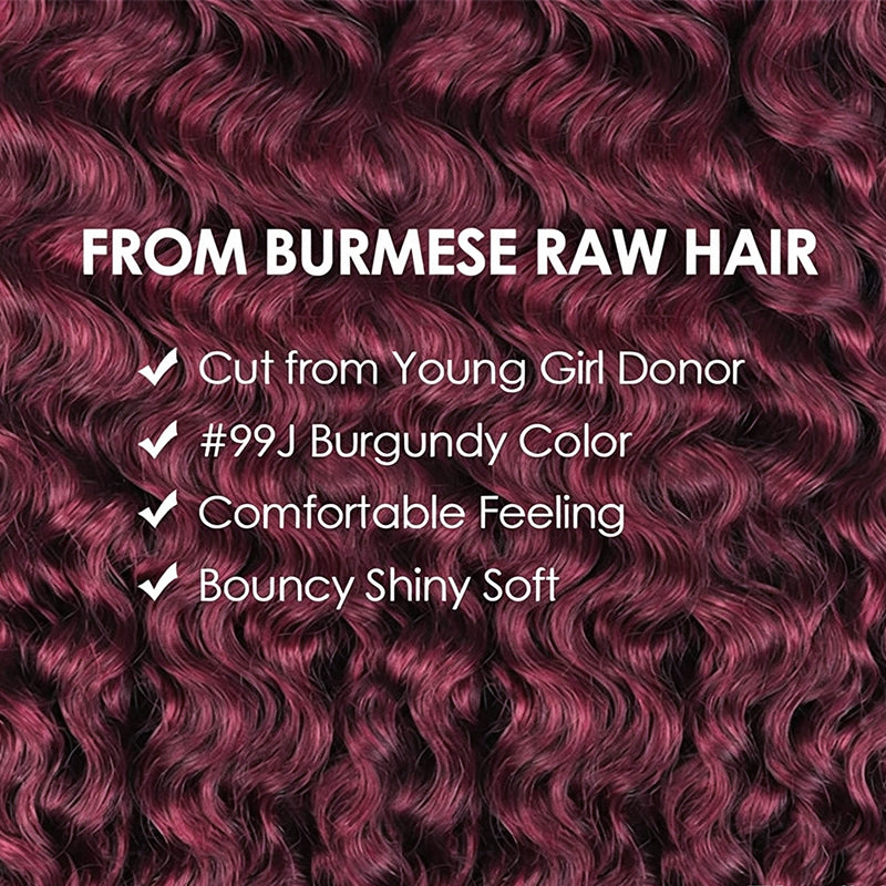 99J Burgundy Burmese Curly Crochet Human Hair for Boho Braids Invisible Miracle Knots Style