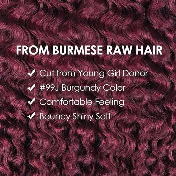 99J Burgundy Burmese Curly Crochet Human Hair for Boho Braids Invisible Miracle Knots Style