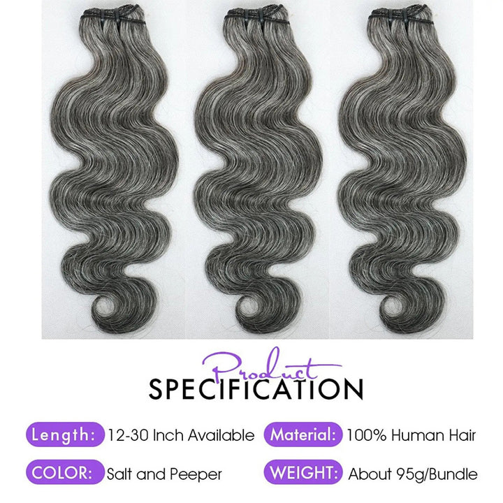 New In Dark Salt & Pepper Body Wave Human Hair Bundles 100% Brazilian Virgin Remy Hair Extensions