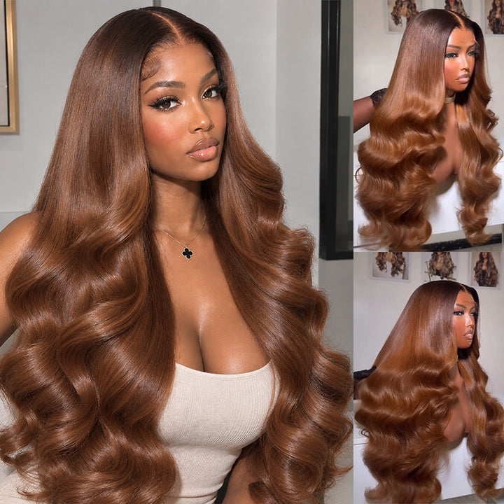 T4/30 Dark Root Ombre Caramel Brown Body Wave Human Hair Wig 6x6/13x6 Transparent Lace Frontal Wig 300% Density