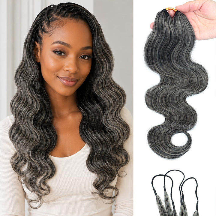 Dark Salt & Pepper Body Wave Crochet Hair Miracle Konts Feather Human Hair Extension for Boho Braids-RHISO