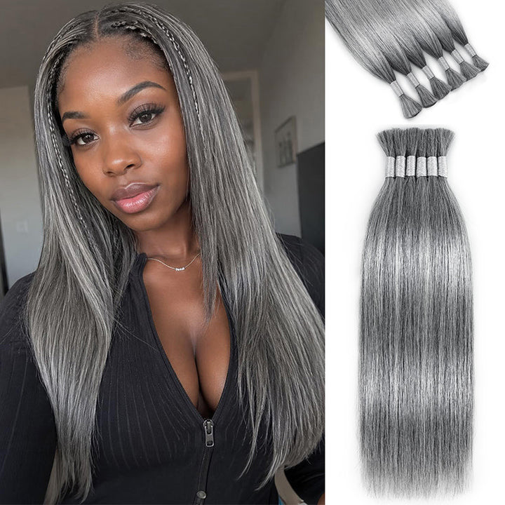 RHISO New In Salt & Pepper Gray Straight Bulk Human Hair for Boho Braids 100% Human Hair
