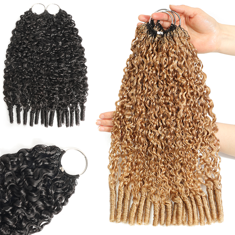 RhisoHair 3Packs #27 Honey Blonde With 2Packs Natural Black Burmese Curly Highlight Miracle Knots Boho Braids Crochet Hair Machine Made Feather Human Hair Extension