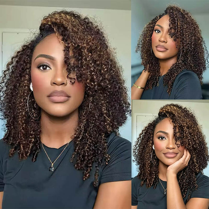 RhisoHair P4/27 Ash Blonde Piano Highlight Crochet Hair Burmese Curly/Pixie Curly Machine Made Feather Human Hair Extension